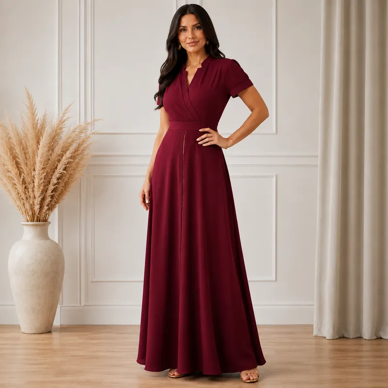 Robe longue évasée bordeaux à taille cintrée